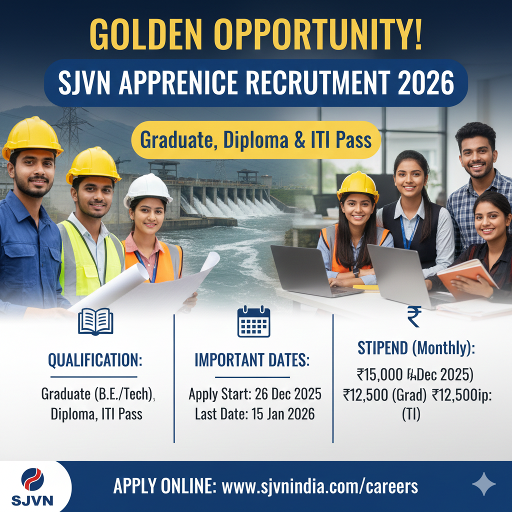 SJVN Apprentice Recruitment 2026 – Golden Opportunity for Graduate, Diploma & ITI Pass