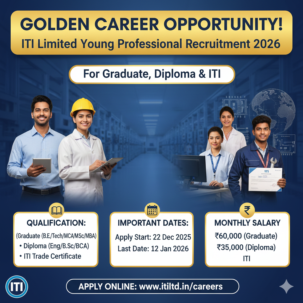 ITI Limited Young Professional Recruitment 2026 – Golden Career Opportunity for Graduate, Diploma & ITI